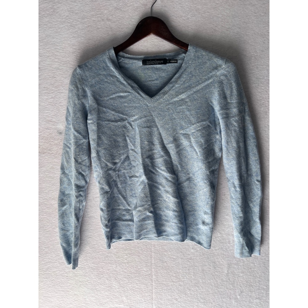 IrelandsEye Light Blue Extra Fine Virgin Wool V-Neck Sweater Small Pullover